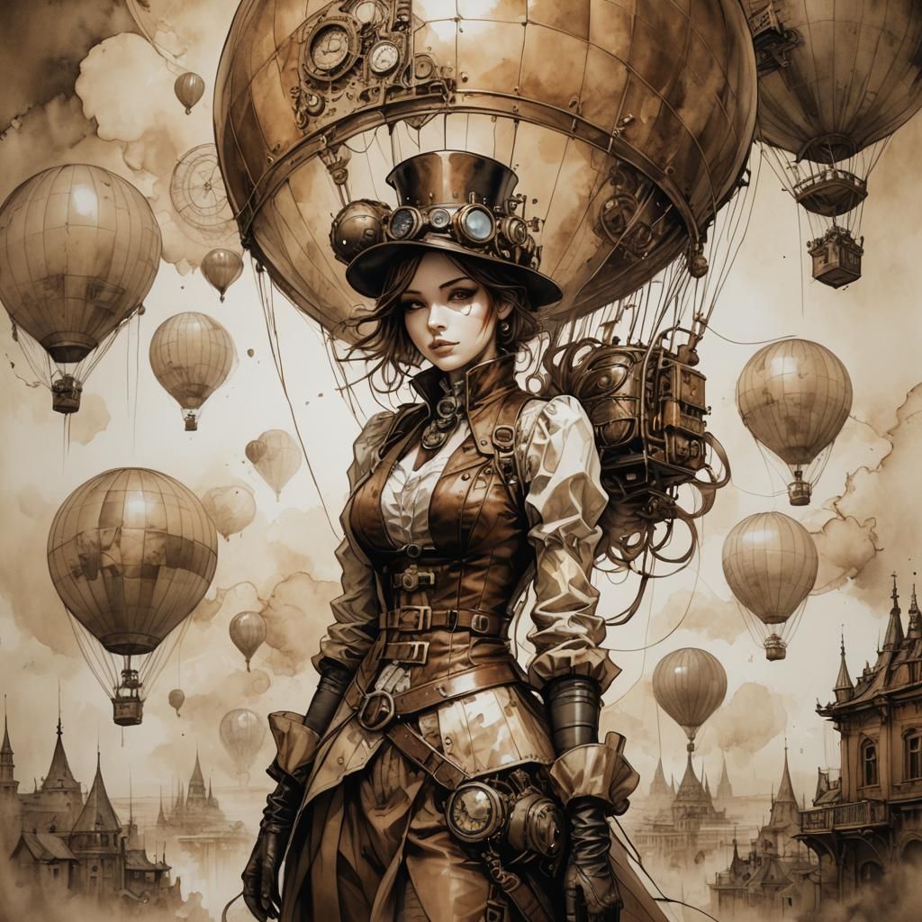 steampunk lady and her hot air balloon