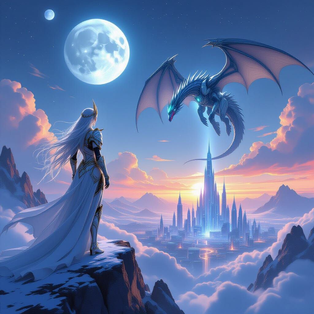 Elven Queen Overlooks Futuristic Cityscape in Epic Fantasy A...