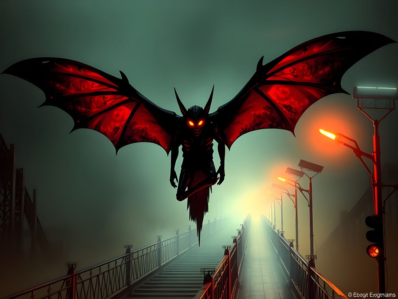 Mothman Perched on Bridge in the Night Mist