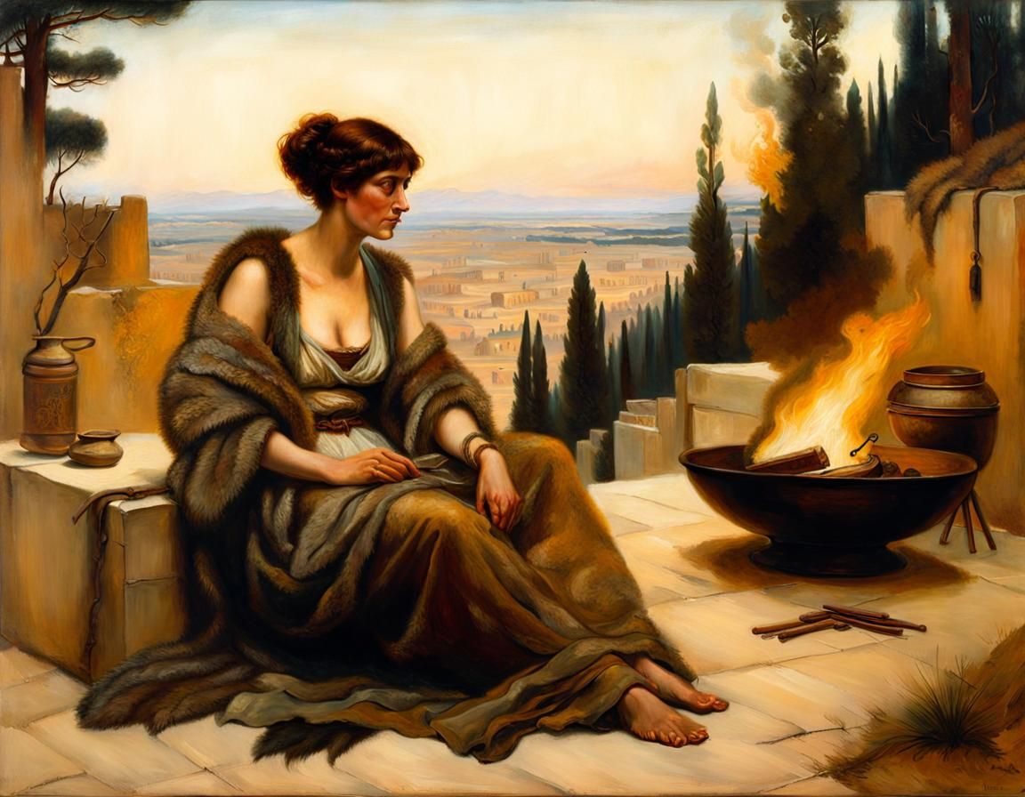 Woman with Fire in Historical Oil Painting