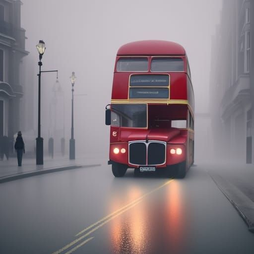 London Street Scene: Red Bus in Thick Fog