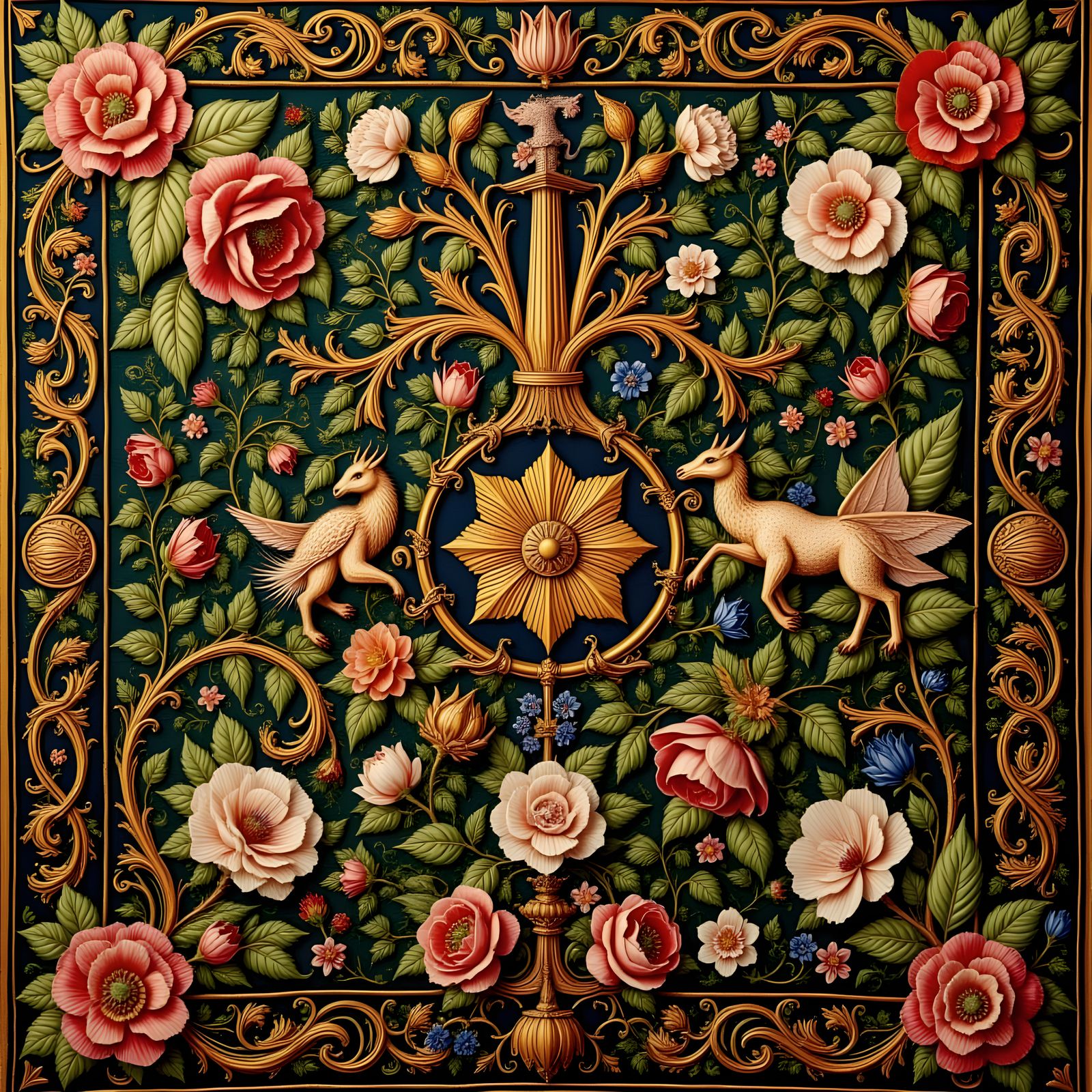 Medieval Tapestry in Flemish Style with Golden Accents