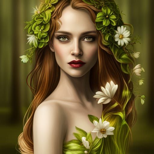 Enchanted Woodland Woman with Flower Hair, Gothic Art