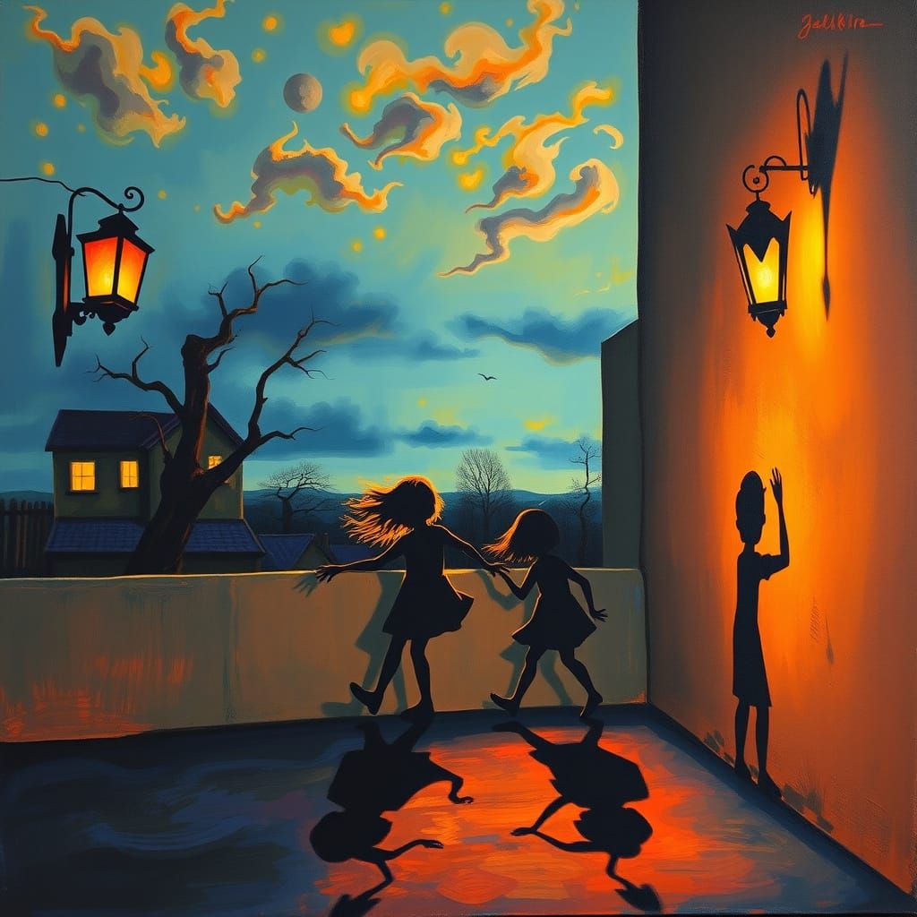 Surreal Oil Painting of Dancing Shadows on a Wall at Dusk