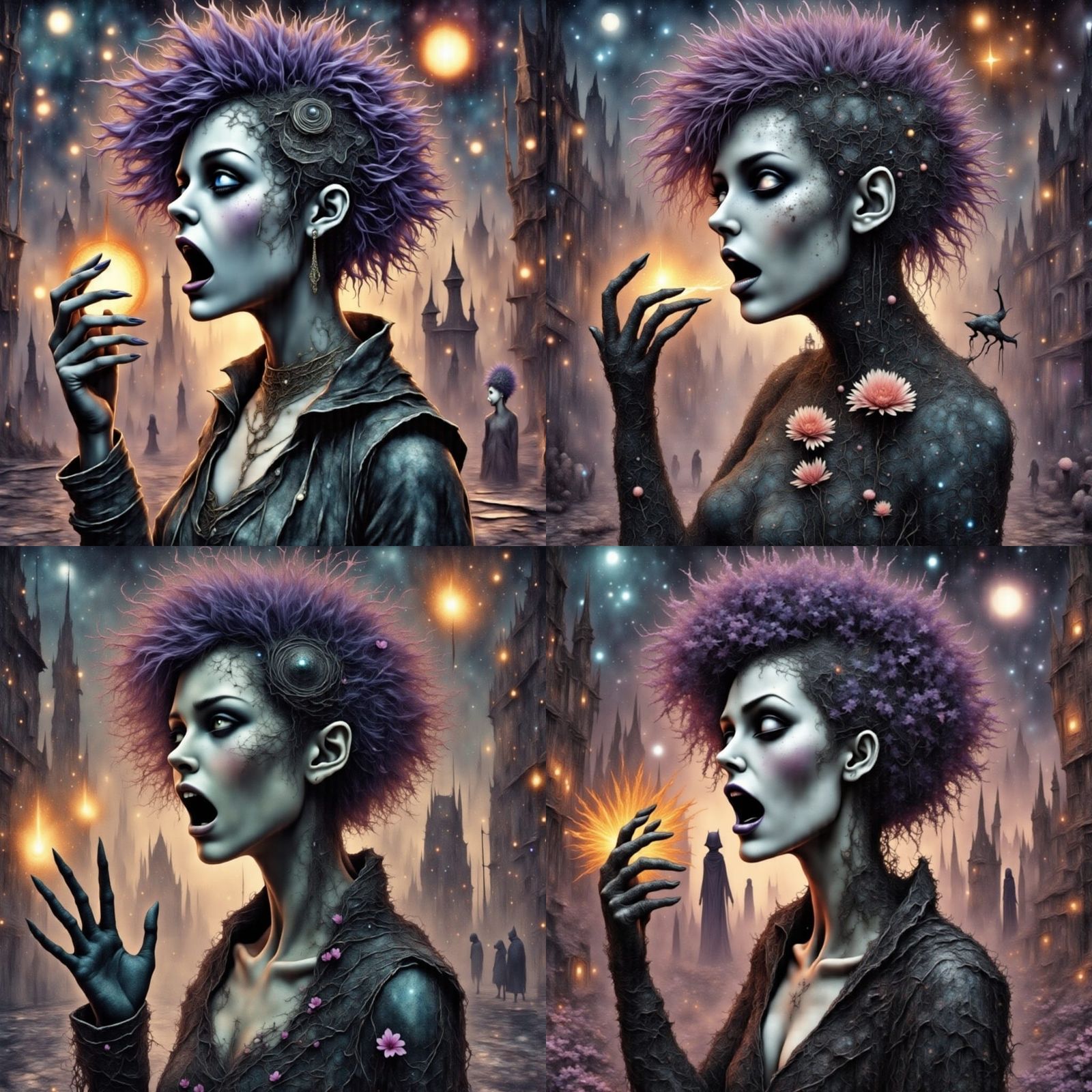 Steampunk Witch Screaming at Starry Sky