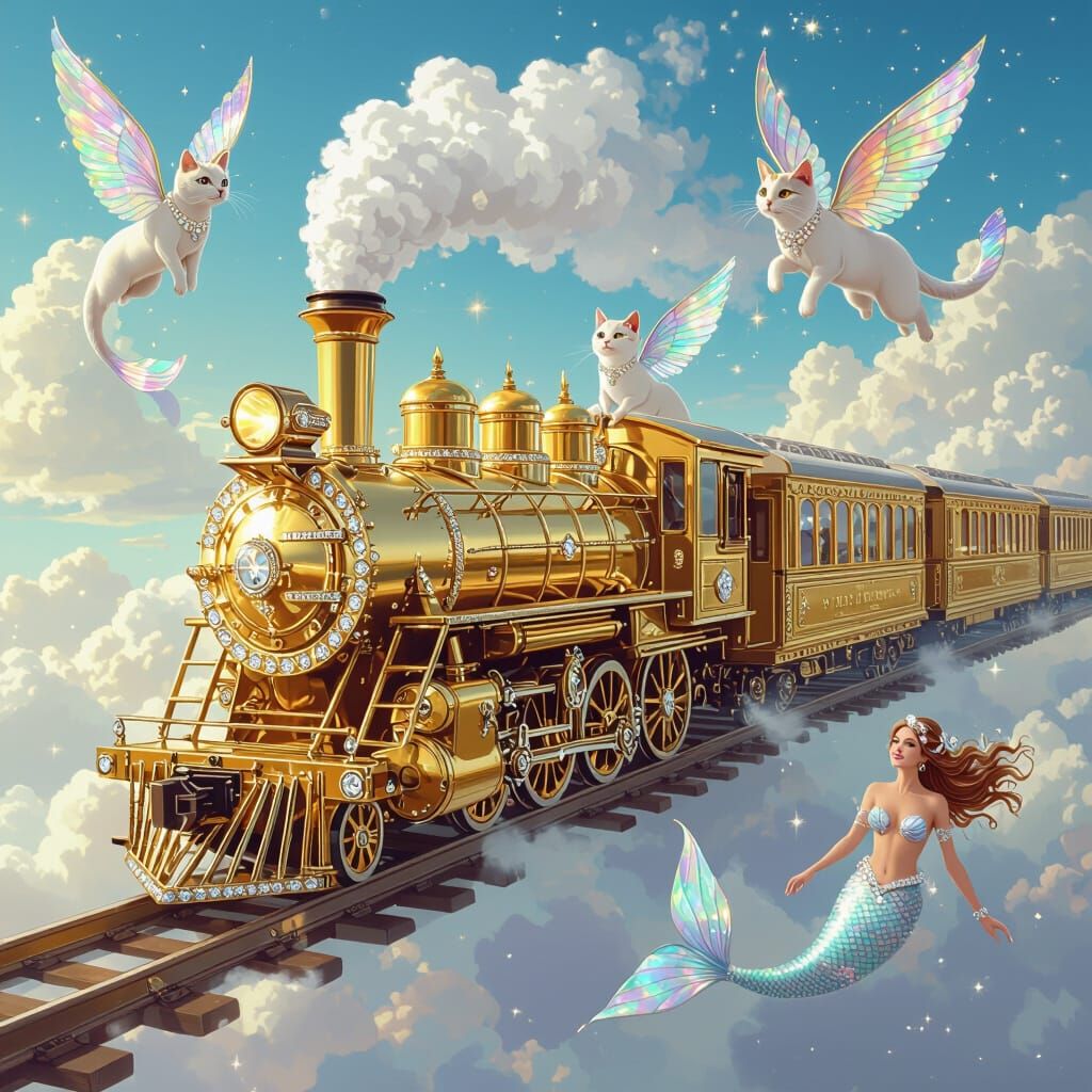 Golden Train Soaring with Flying Cats and Mermaids