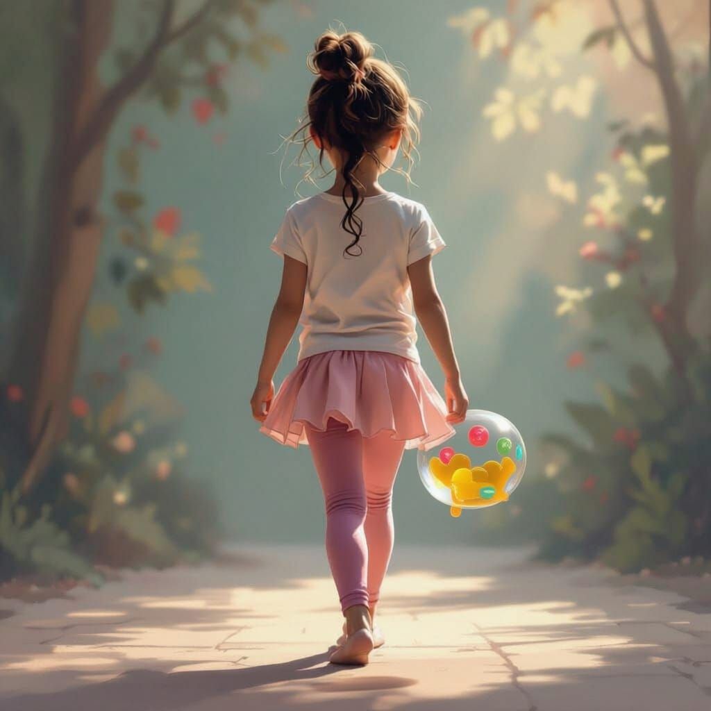 Girl in Yoga Outfit Walking Away, Whimsical Art