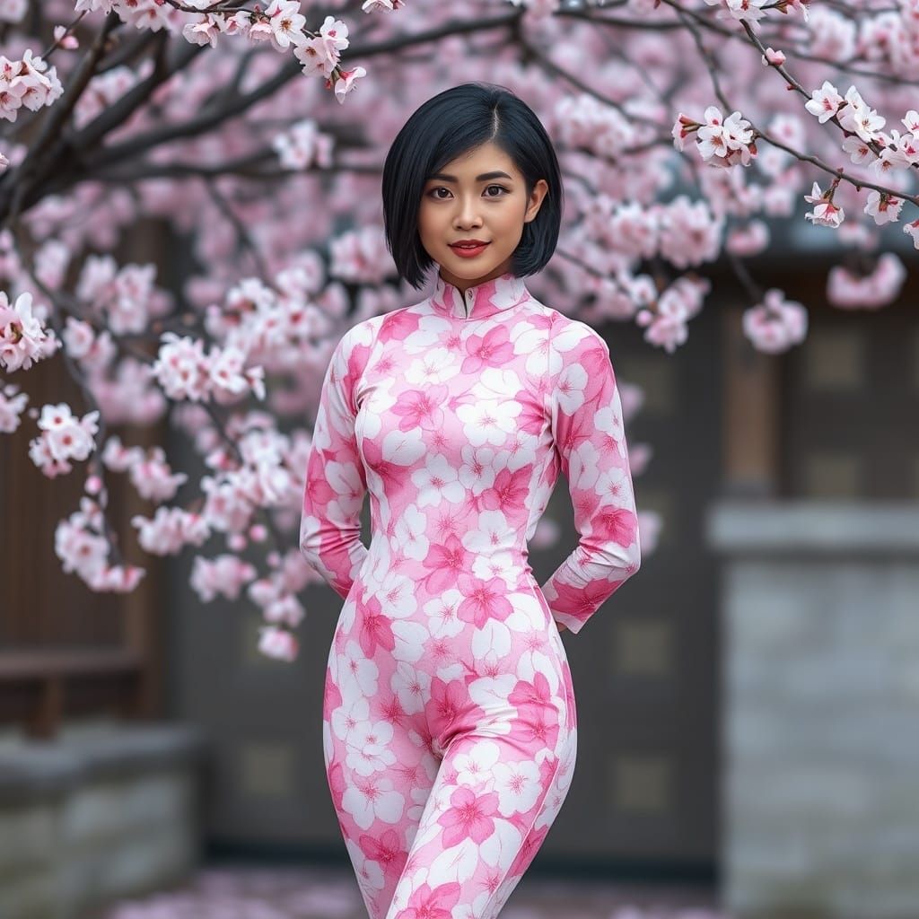 Thai Woman in Full Sakura Petal Bodysuit