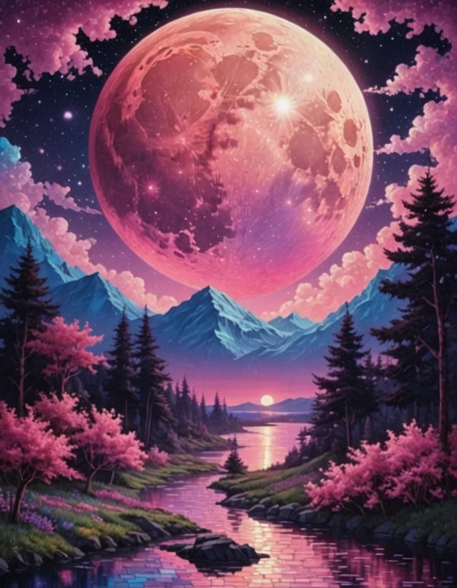 Pink Moon Mosaic in Synthwave Neon Style