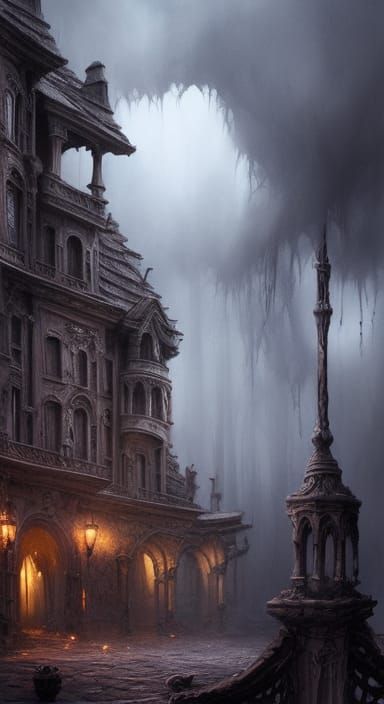 "Haunted Ghost Castle" by Greg Rutkowski Tim Burton detailed painting dark watercolor 3D shading shadow depth r/Art beau...