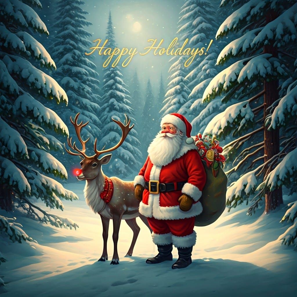 Vintage Holiday Scene with Rudolf and Jovial Santa in Snowy....