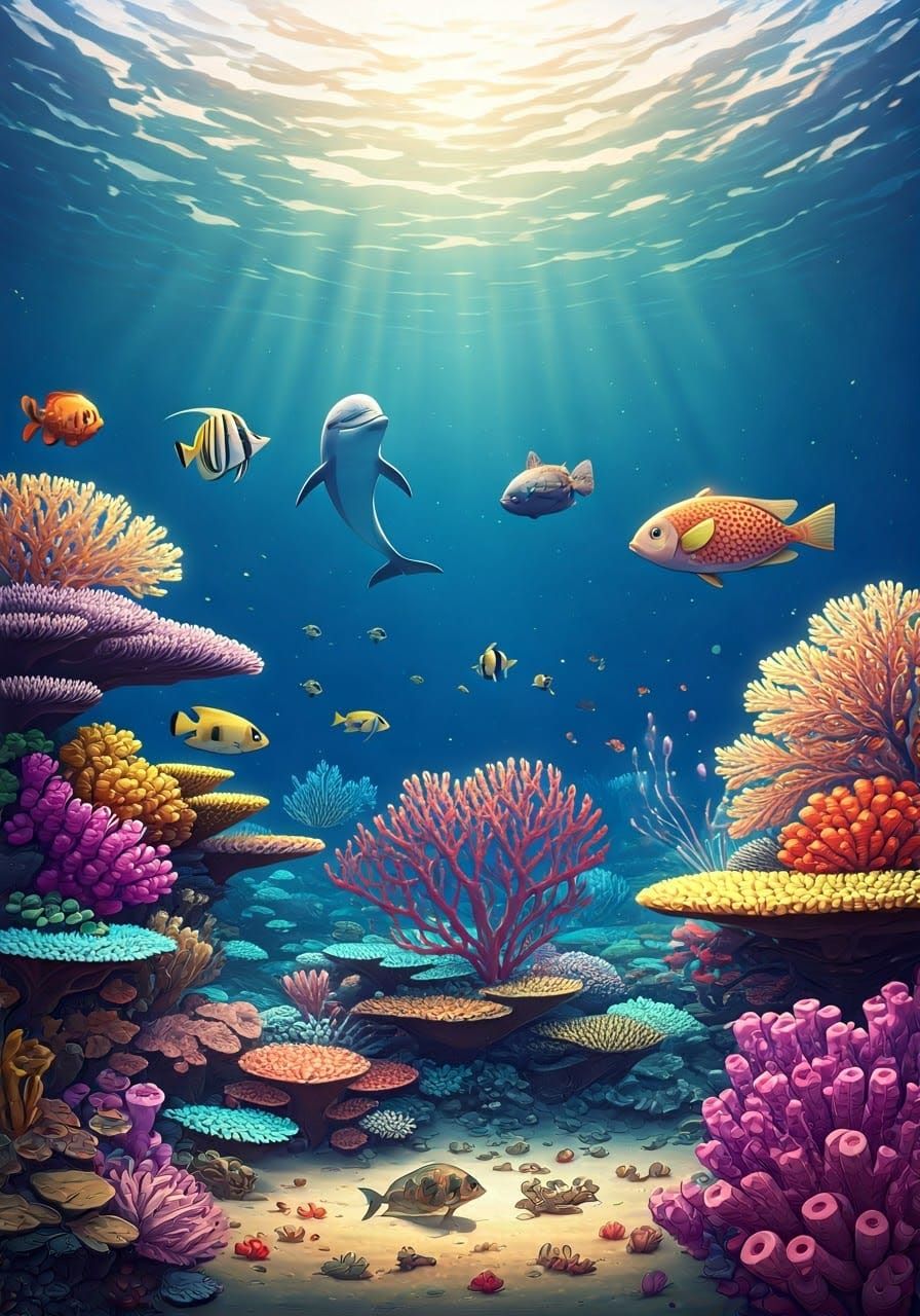 Magical Coral Reef Scene in Vibrant Golden Light