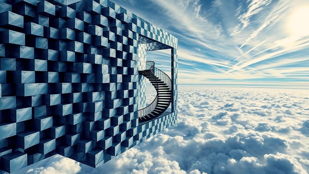 Floating Cube with Fractal Cubes and Spiral Staircase in Clo...