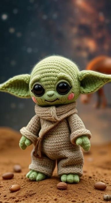 Photorealistic Amigurumi Baby Yoda with Nebula Background