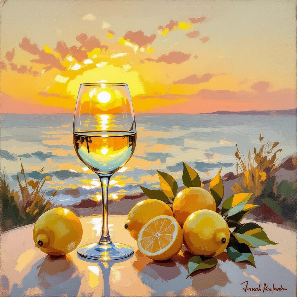 Coastal Sunset Still Life with Lemons and Wine