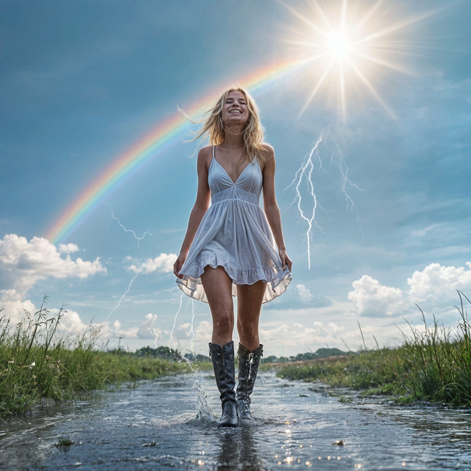 Woman Dancing in Sun and Rain After the Storm
