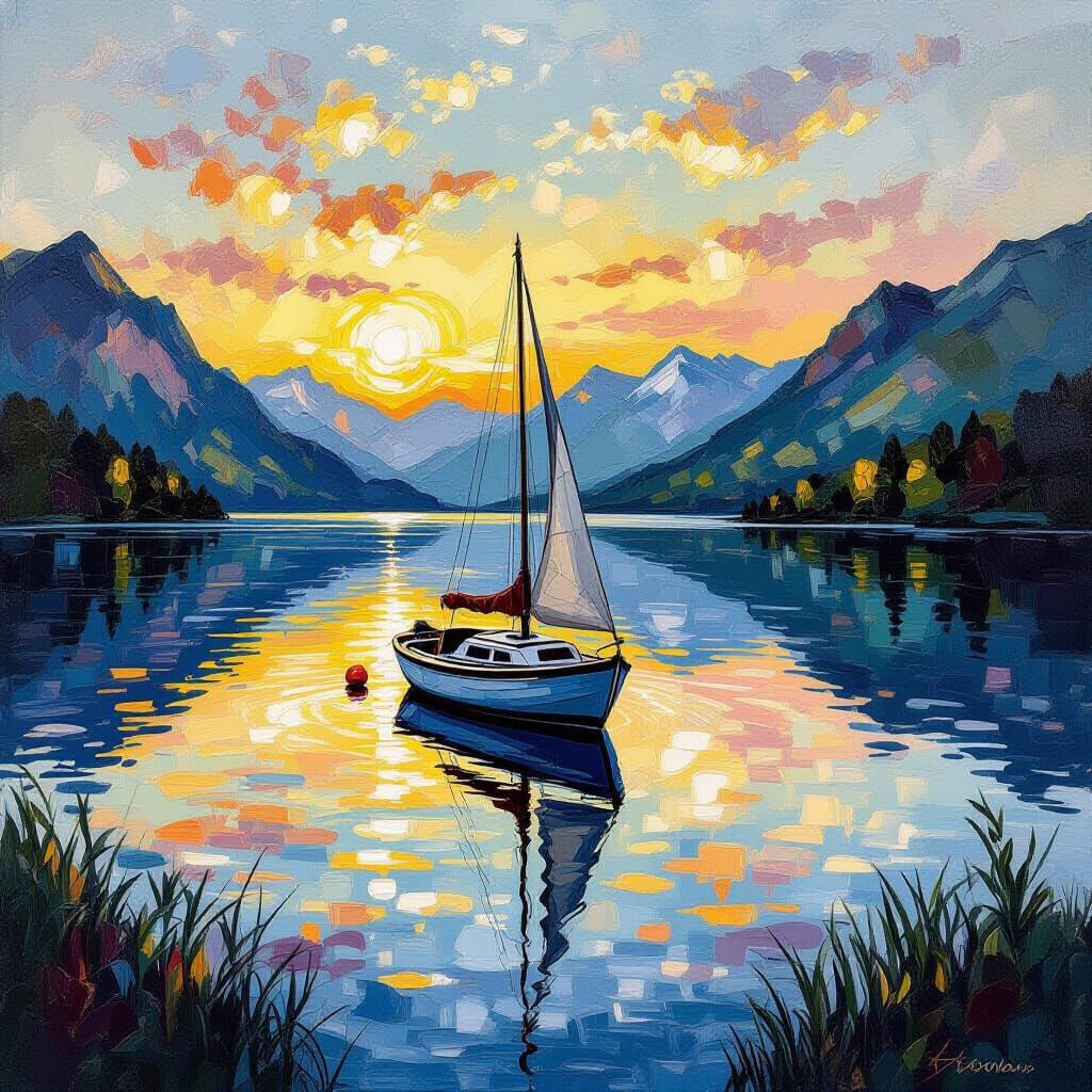 Dreamlike Mountain Lake Reflection with Lone Sailing Boat in...