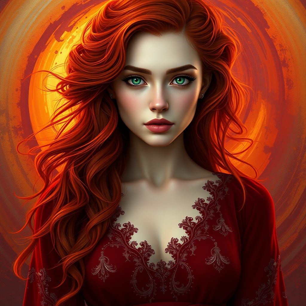 Goddess with Wild Red Hair in Velvet Dress