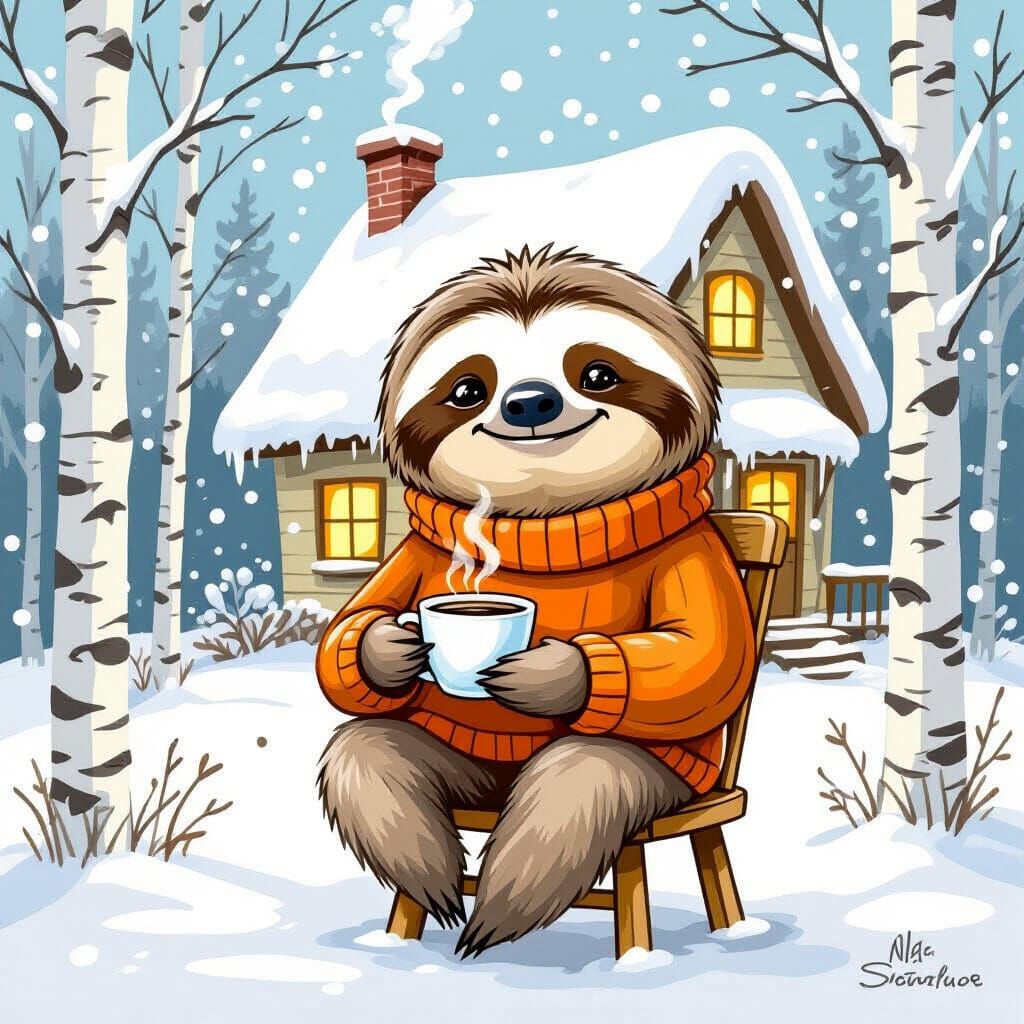 Cozy Sloth Enjoys Coffee in Snowy Cottage Scene