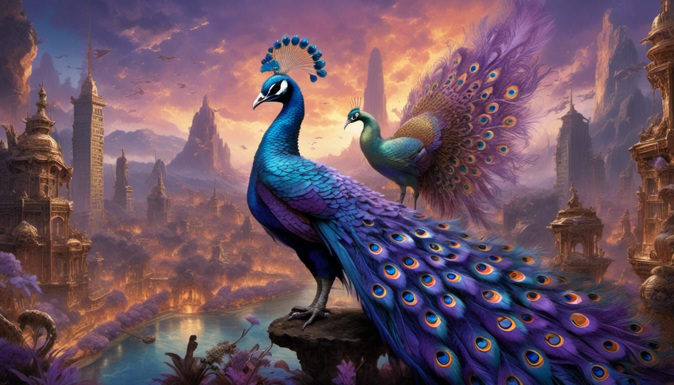 Towering Kaiju-Peacock with Rainbow Tail Feathers