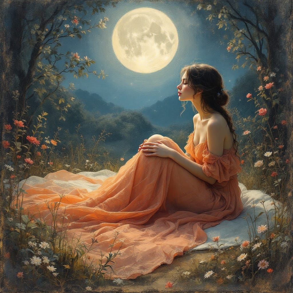 Dreamlike Impressionism: Woman in Zen Garden Bathed in Moonl...