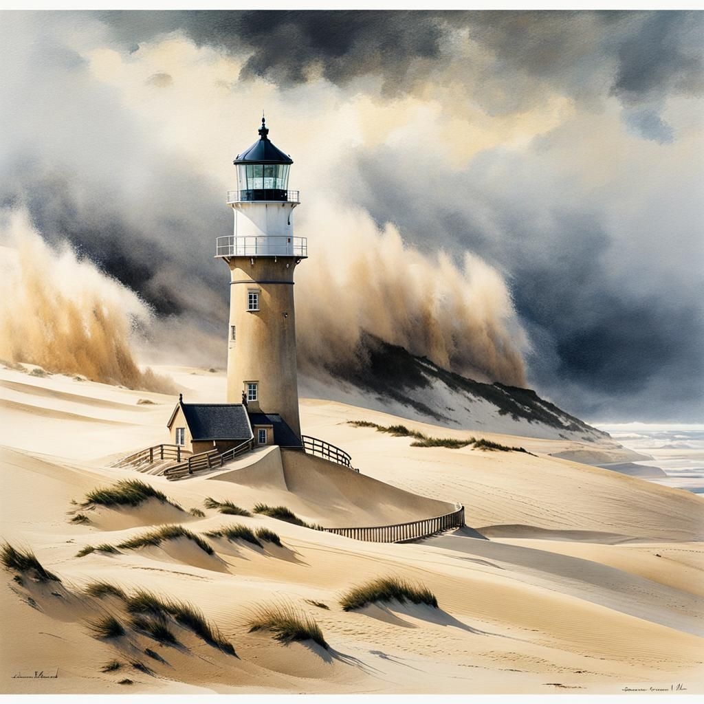 Lighthouse on Shifting Dune in Storm, Watercolour Art
