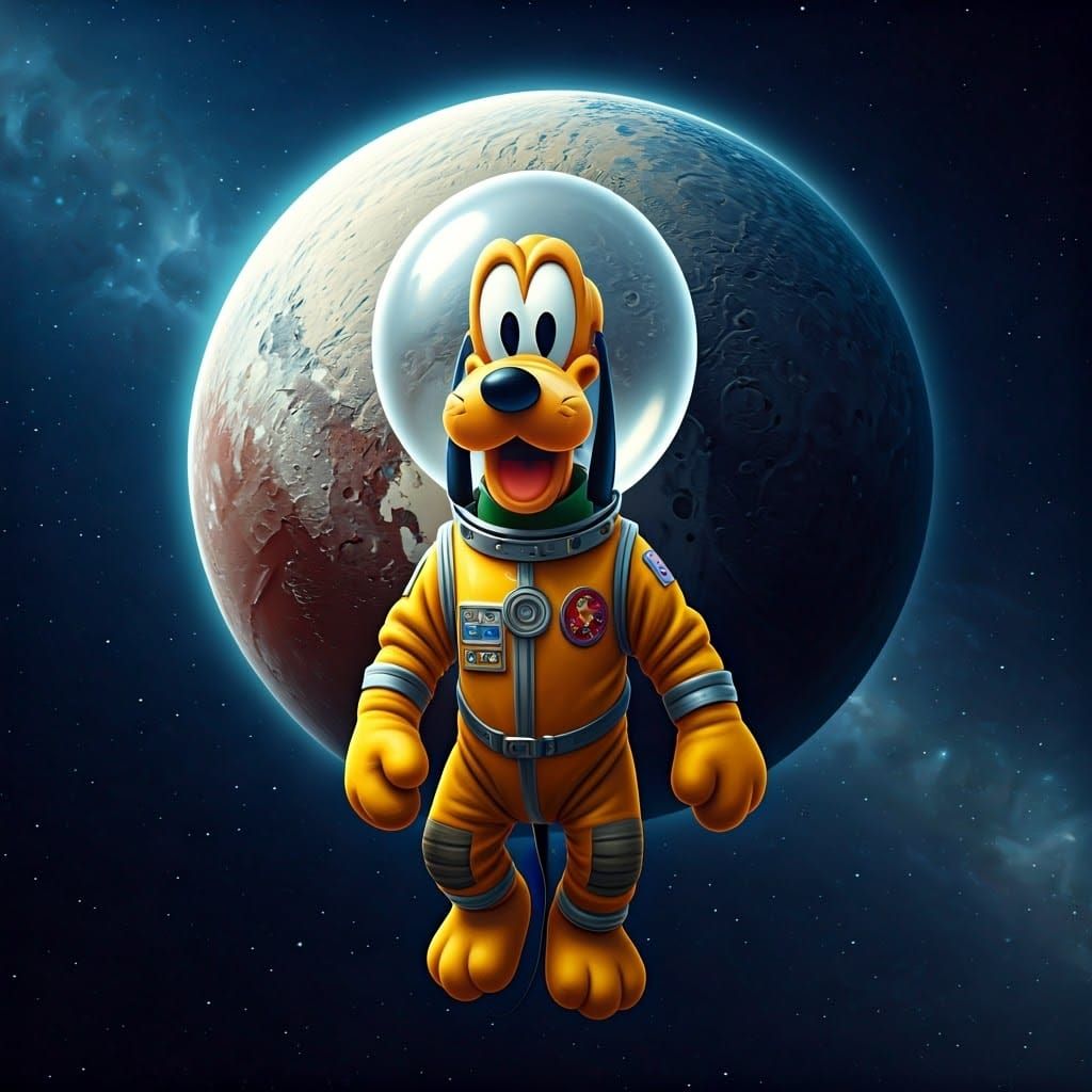 Pluto the Disney dog in a yellow space suit and helmet, floating in space with the planetoid Pluto  behind him
