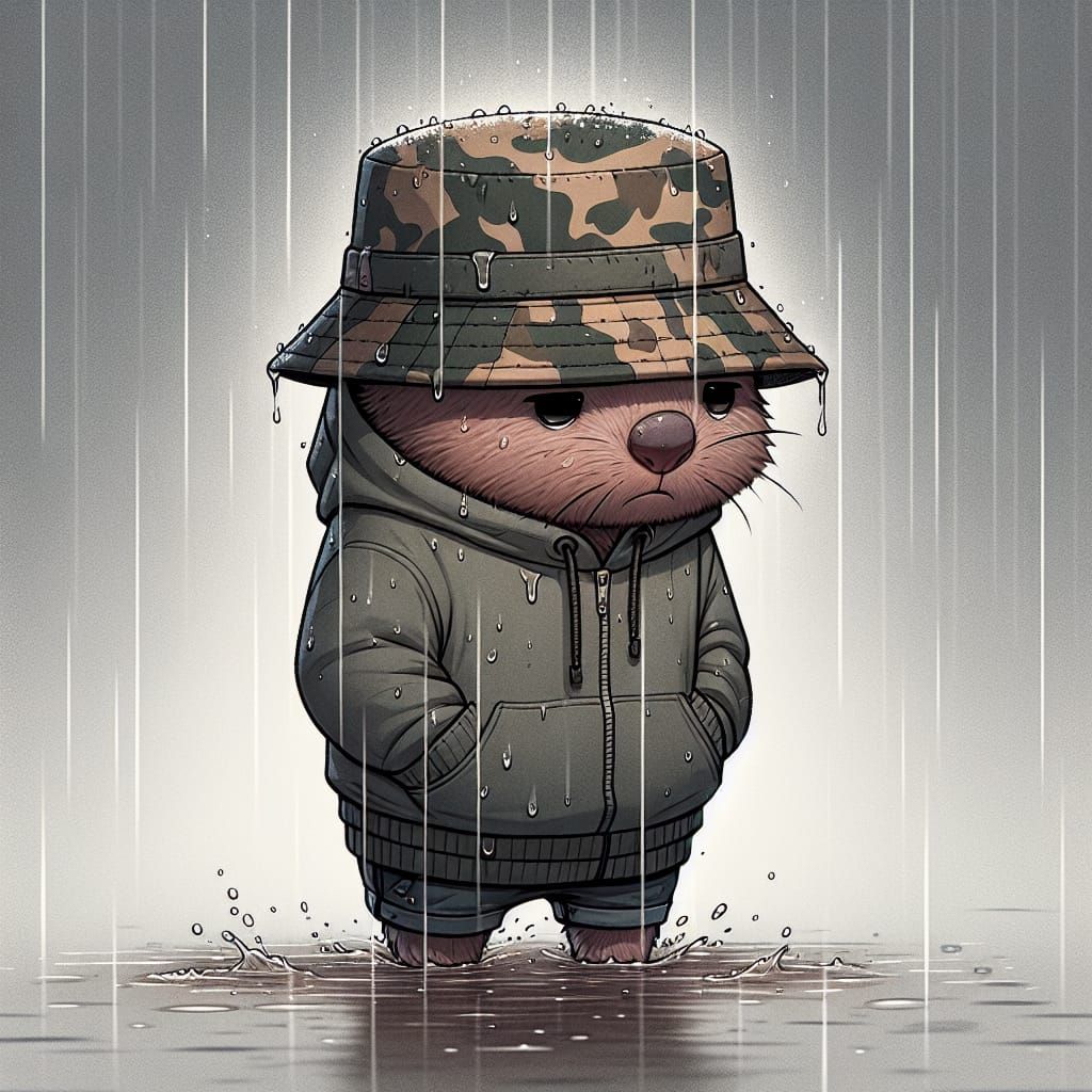 Surreal Melancholic Wombat Walks Alone in the Rain