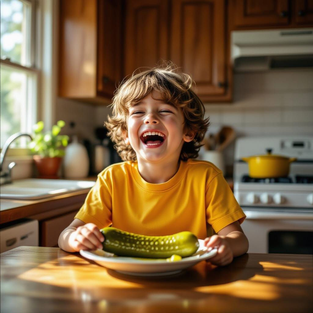 Joyful Kid Eats Pickle in Sunlit Kitchen: 35mm Film