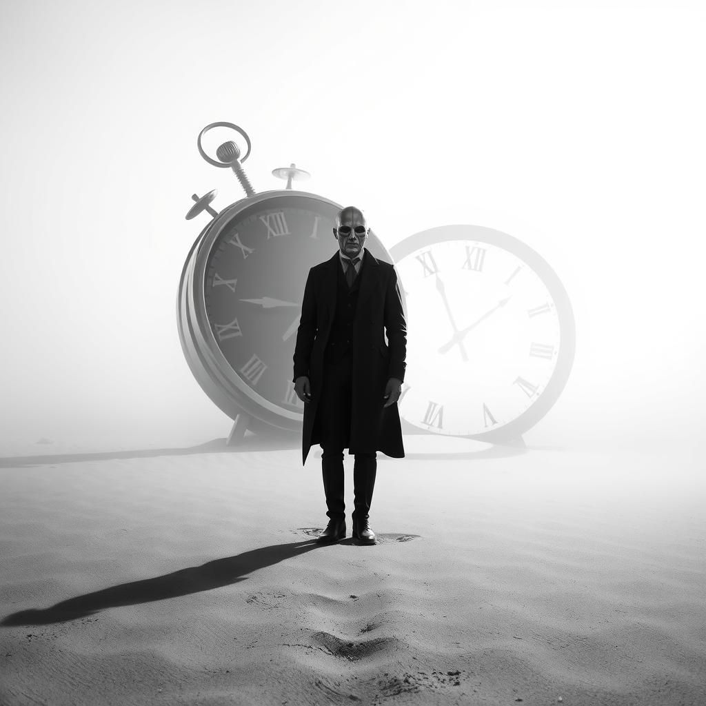 Surreal Black and White Landscape with Masked Figure