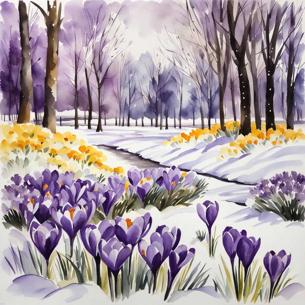 Watercolor Landscape Winter with Crocuses