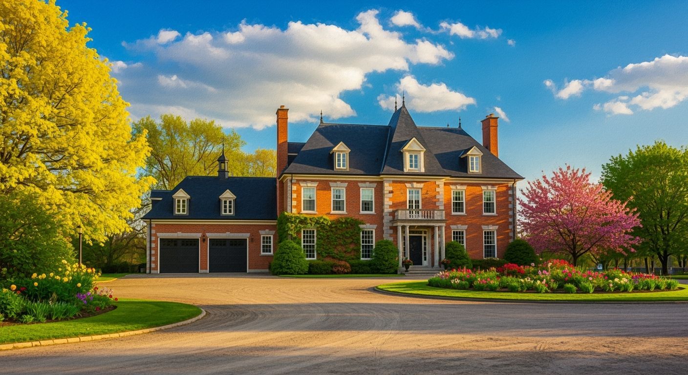 Grand Brick Chateau with Vibrant Gardens in Golden Hour Ligh...