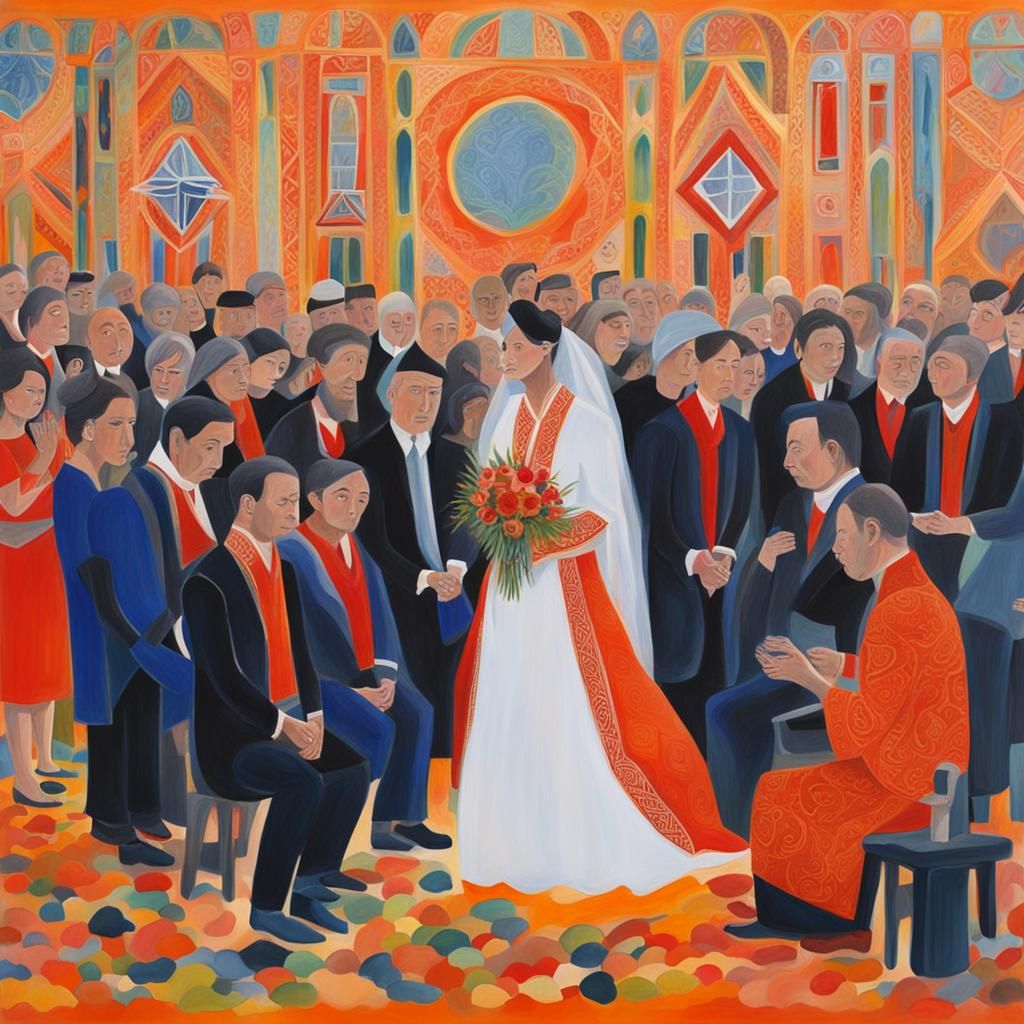Detailed Gouache Painting of a Ceremony