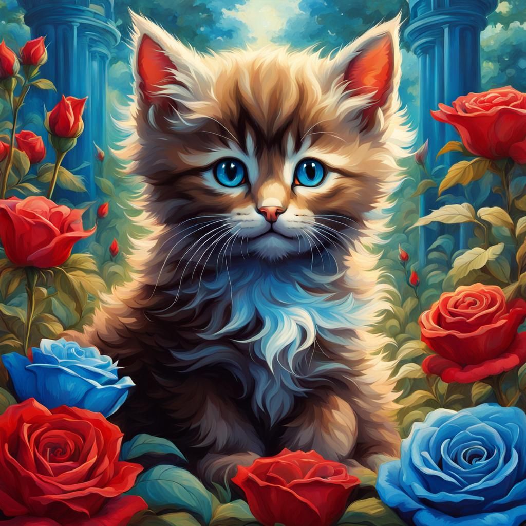 Kitten Among Vibrant Blue Roses in an Enchanted Wizard's Gar...