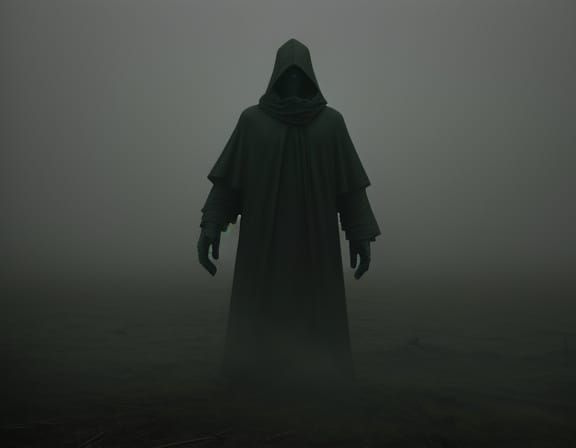 Eerie Dystopian Surrealism: Figure in Foggy Landscape