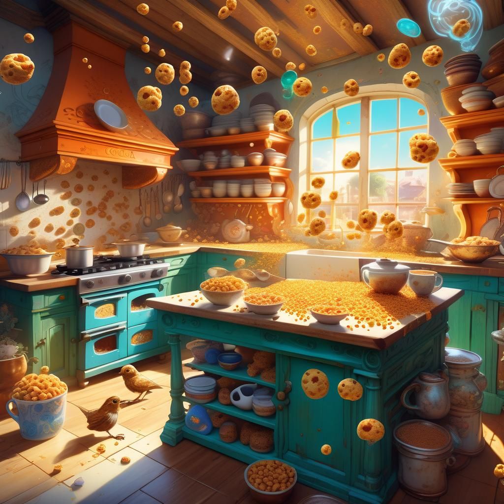 Cuckoo Bird in Enchanted Kitchen, Digital Art