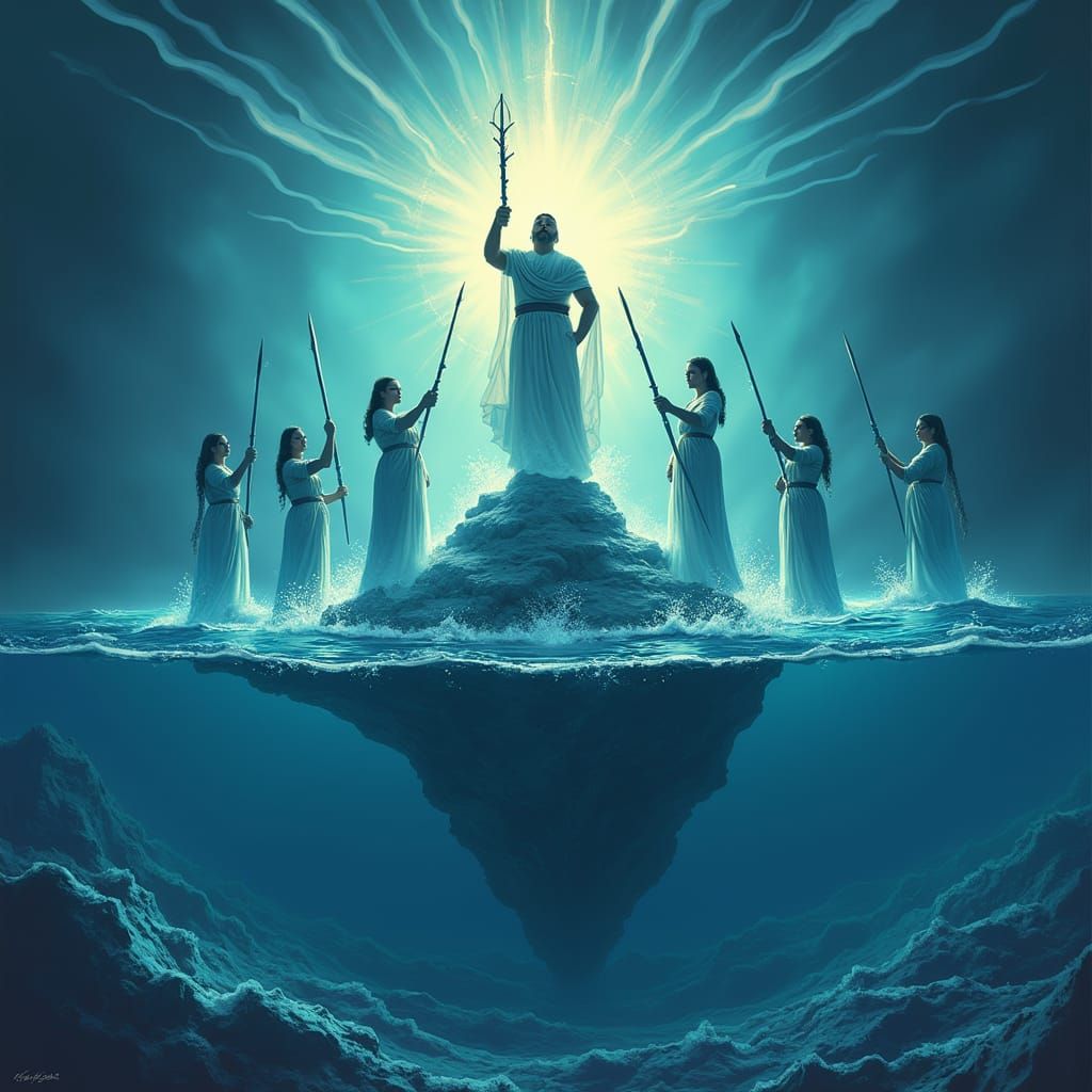 Regal Figure Confronts Oceanic Adversaries in Ethereal Tarot...