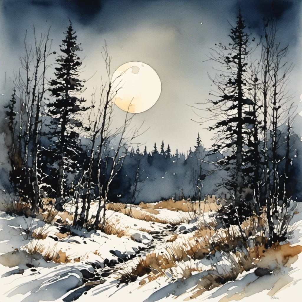 Full Moon in Watercolor Ink Wash Style
