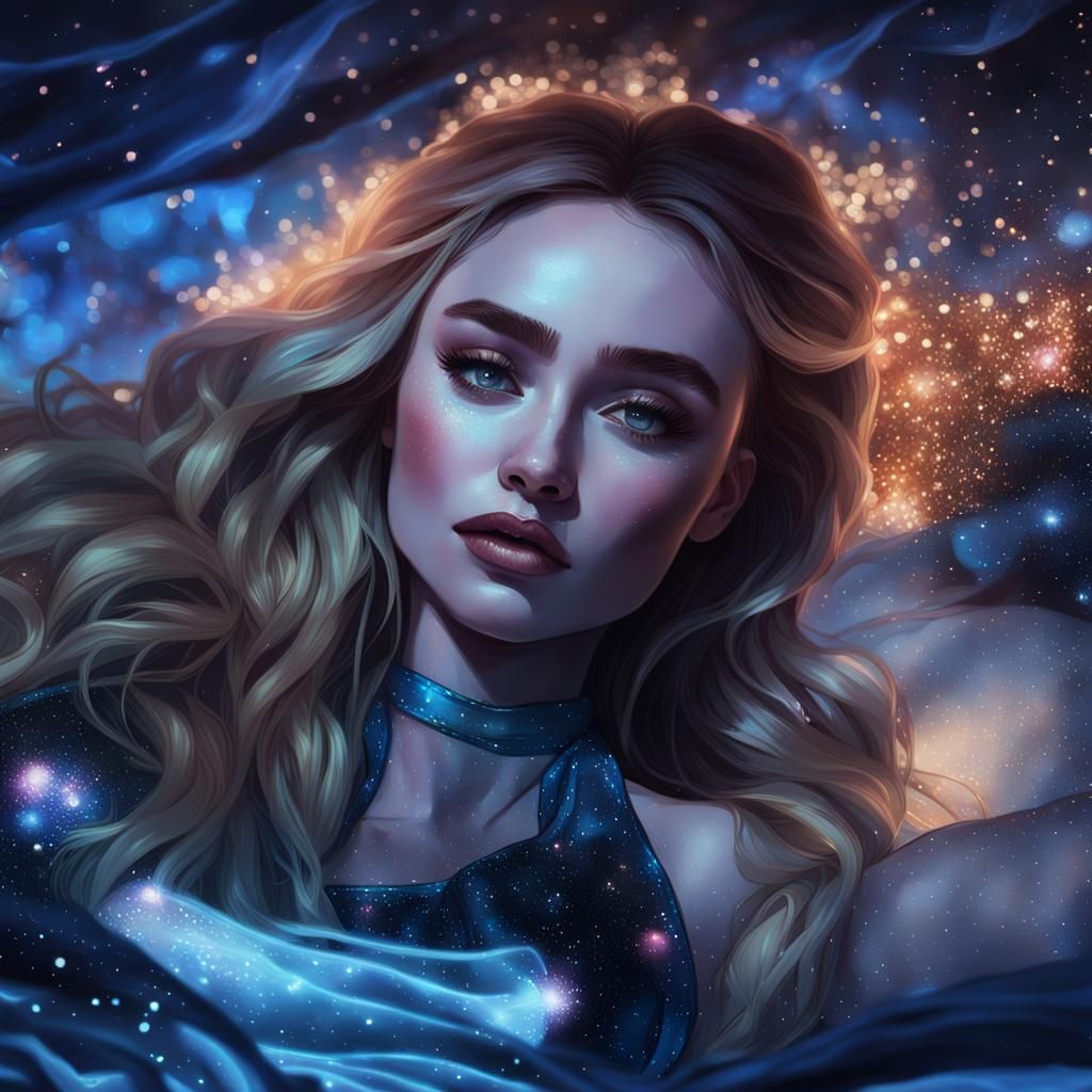 Sparkling Portrait of Woman on Silk Bed