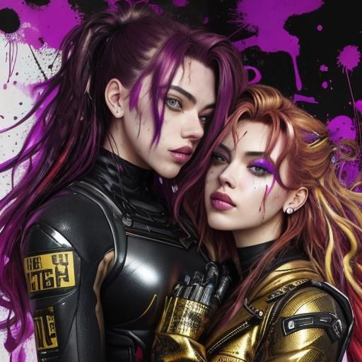 Cyberpunk Women with Golden Cat, Abstract Impressionism