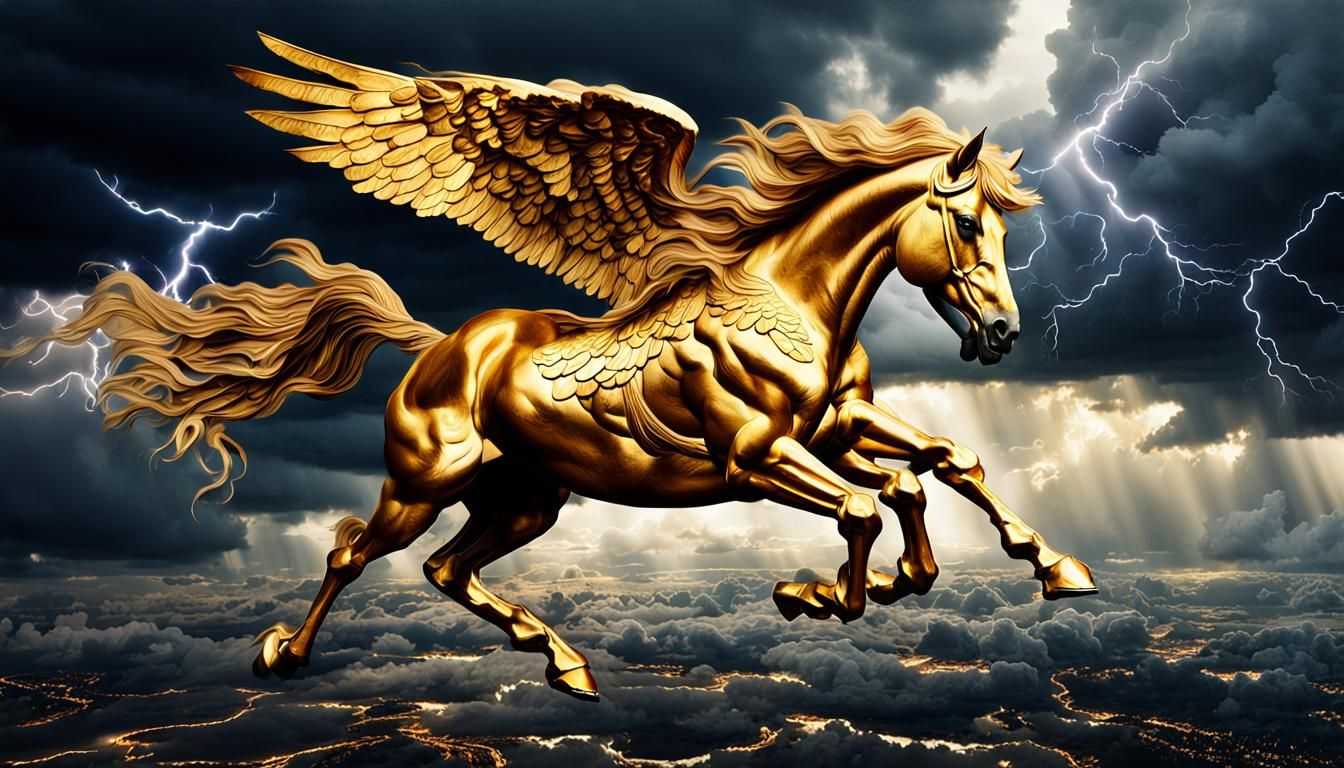 Golden Pegasus in Stormy Sky: Hyperrealistic Image