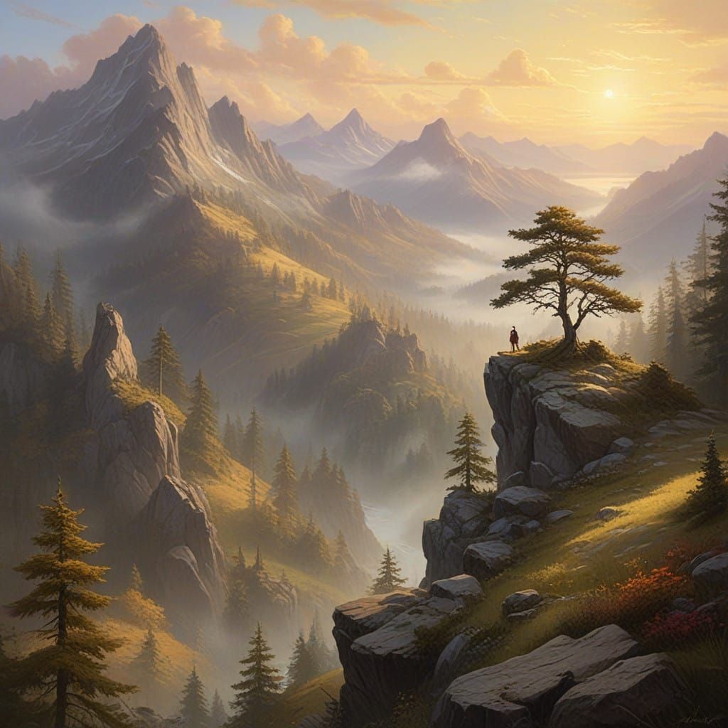 Serene Rustic Landscape with Rolling Hills and Towering Moun...