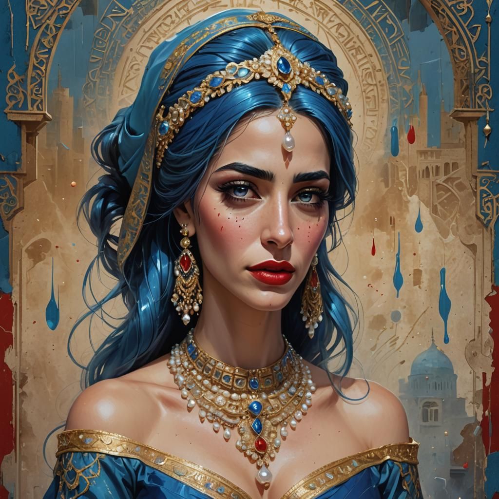 Crying Arab Woman with Fire Blue Hair