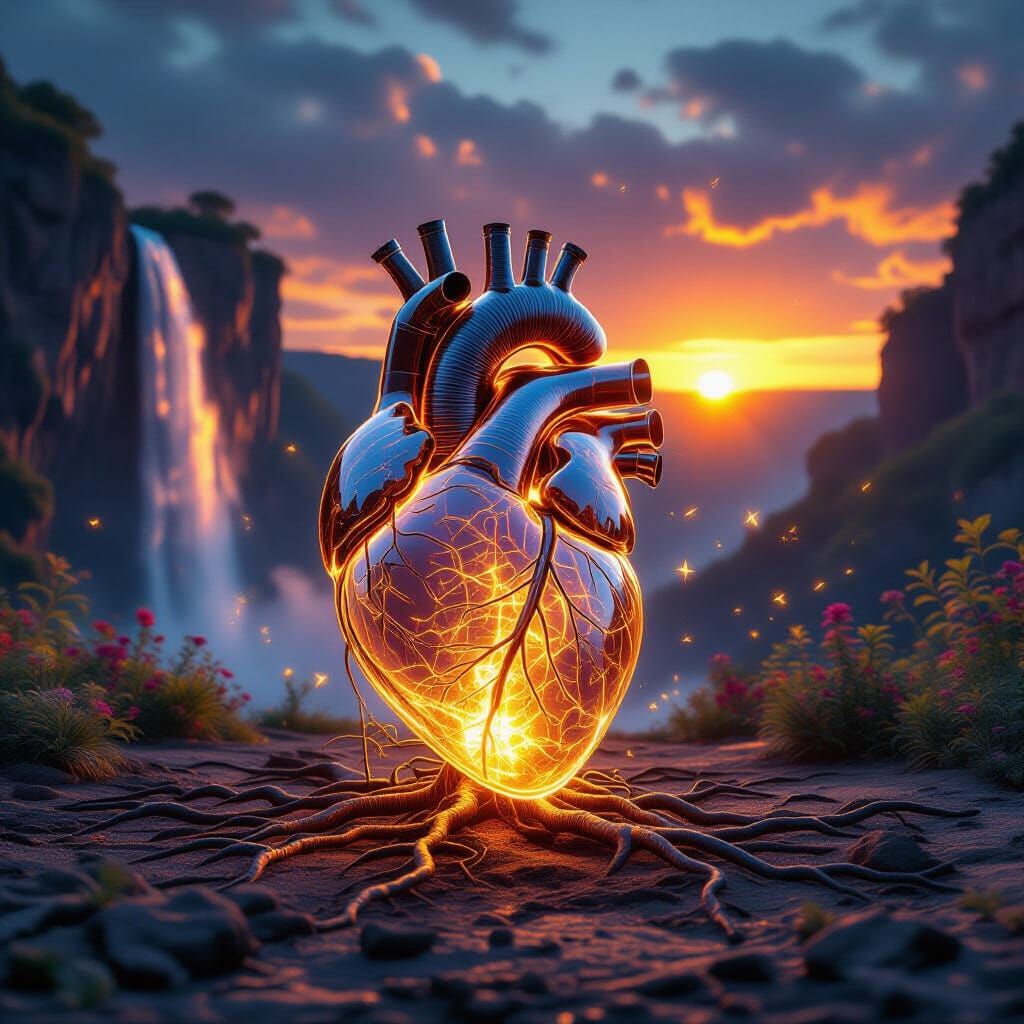 Glass Heart Radiating Light on Barren Ground