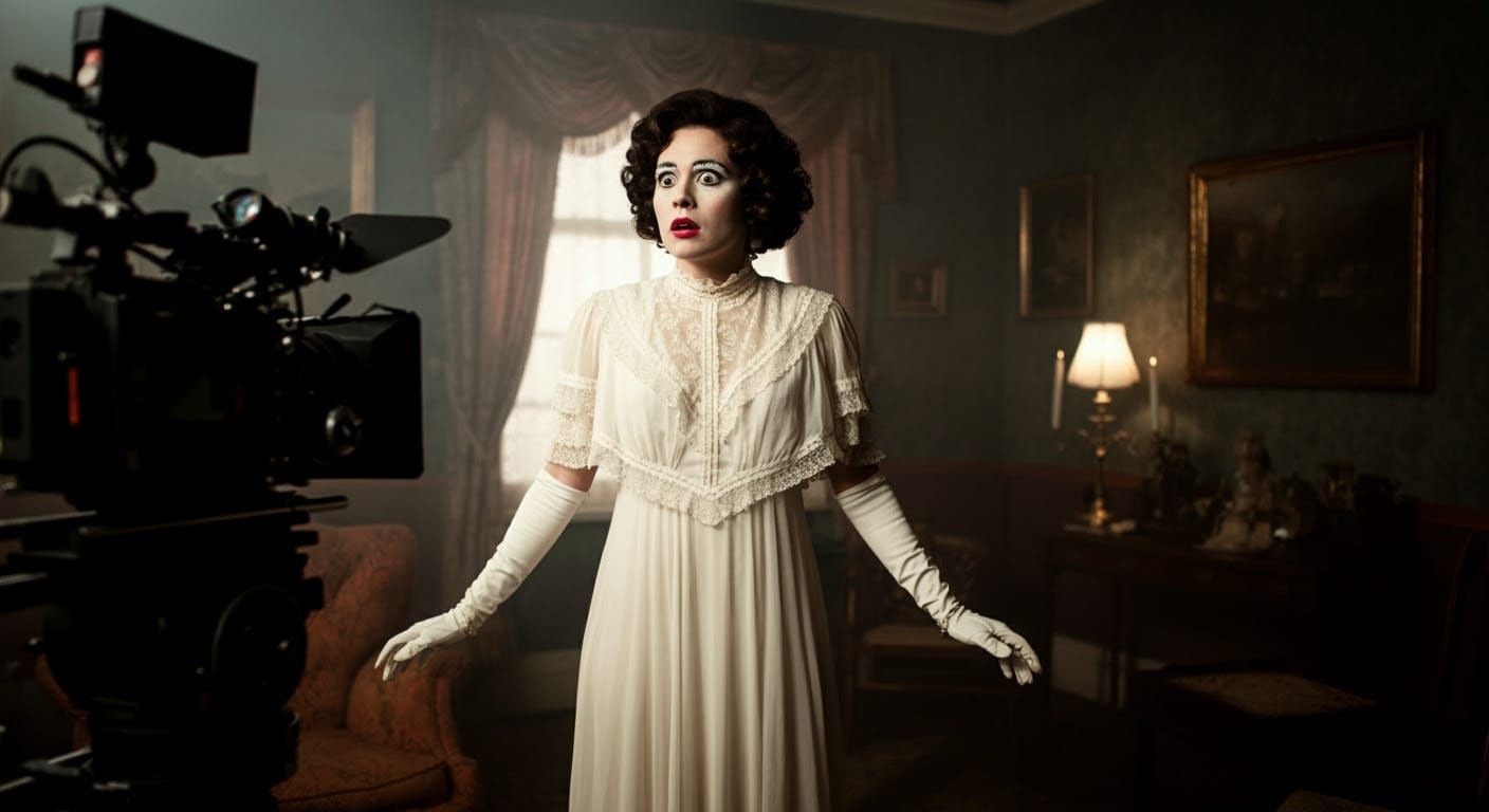 Elegant Actress on Set, in Stunning White Evening Gown, with...