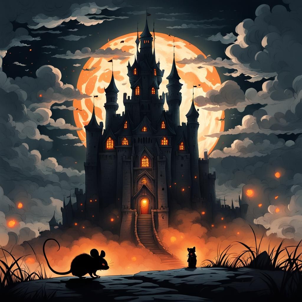 Mouse Before Dark Castle in Fantasy Manga Style