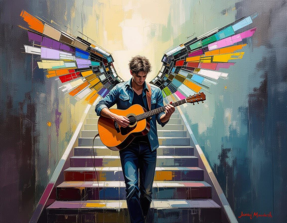 Cosmic Guitarist with Mechanical Wings in Digital Impasto