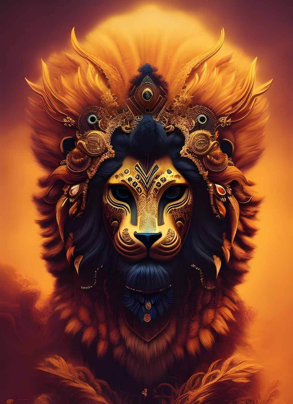 Lion Goddess with Oni Mask in Pop Surrealism Style