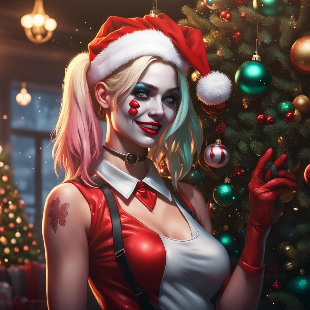 Harley Quinn Decorating Christmas Tree, Detailed Portrait