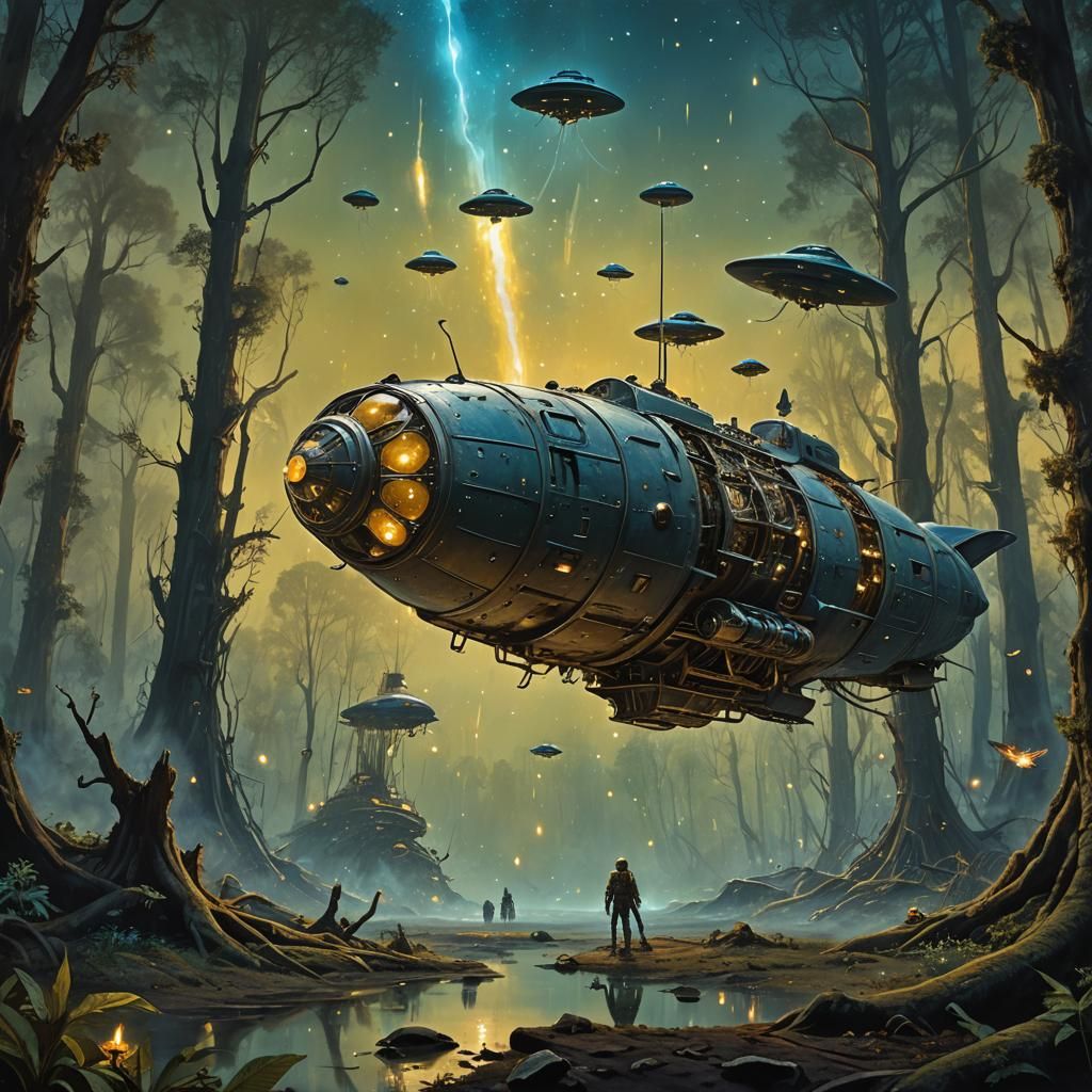 Serenity Spaceship in Alien Forest, Surrealist Fantasy Art